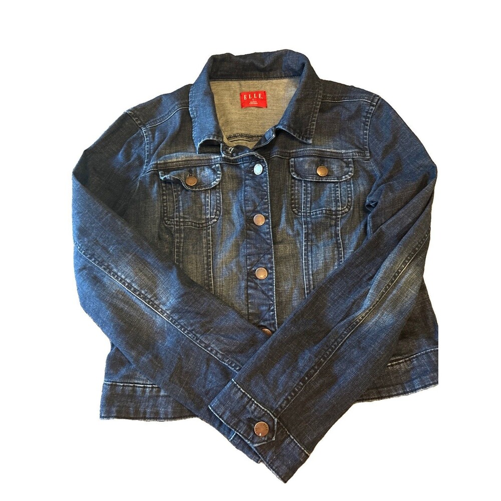 ELLE Womens Denim Jacket Medium Wash Button Front Classic Trucker Style Sz L
